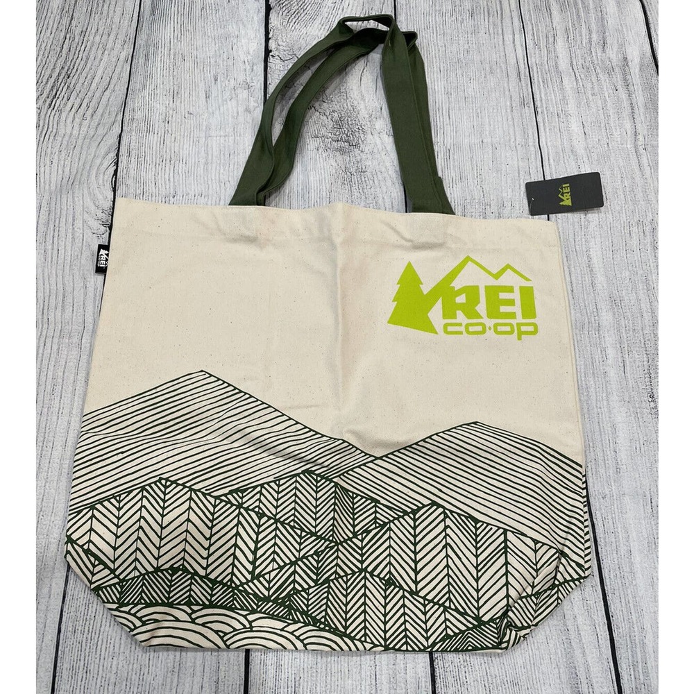 Lot of 2 REI CO-OP Bag 18x16 Canvas Tan Green Mountain Logo cotton Tote USA M10